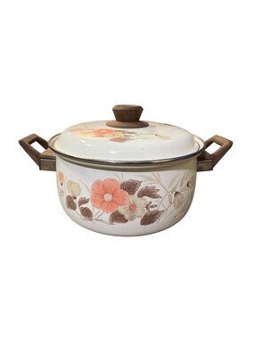 Vintage Retro Enamel Stock Pot Floral 3 Qt Faux Wood Handles Lid White Used
